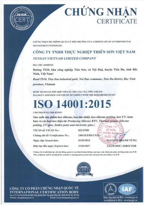 Chứng nhận ISO 14001:2015 của TENSAN Việt Nam