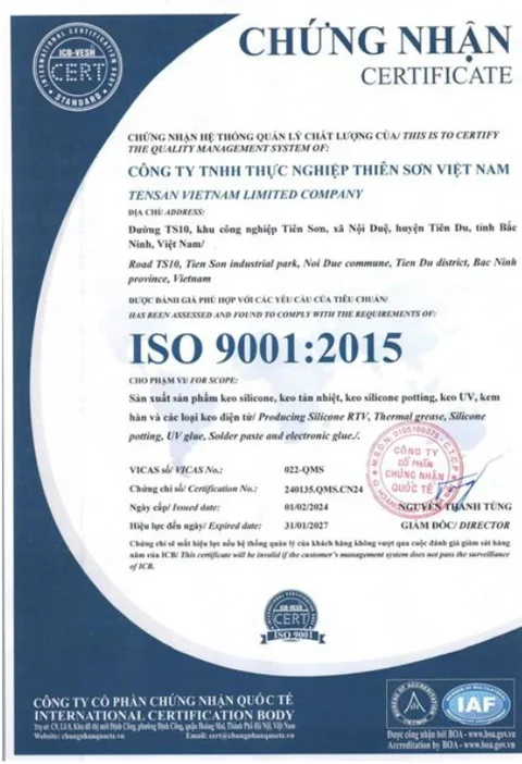 Chứng nhận ISO 9001:2015 của TENSAN Việt Nam